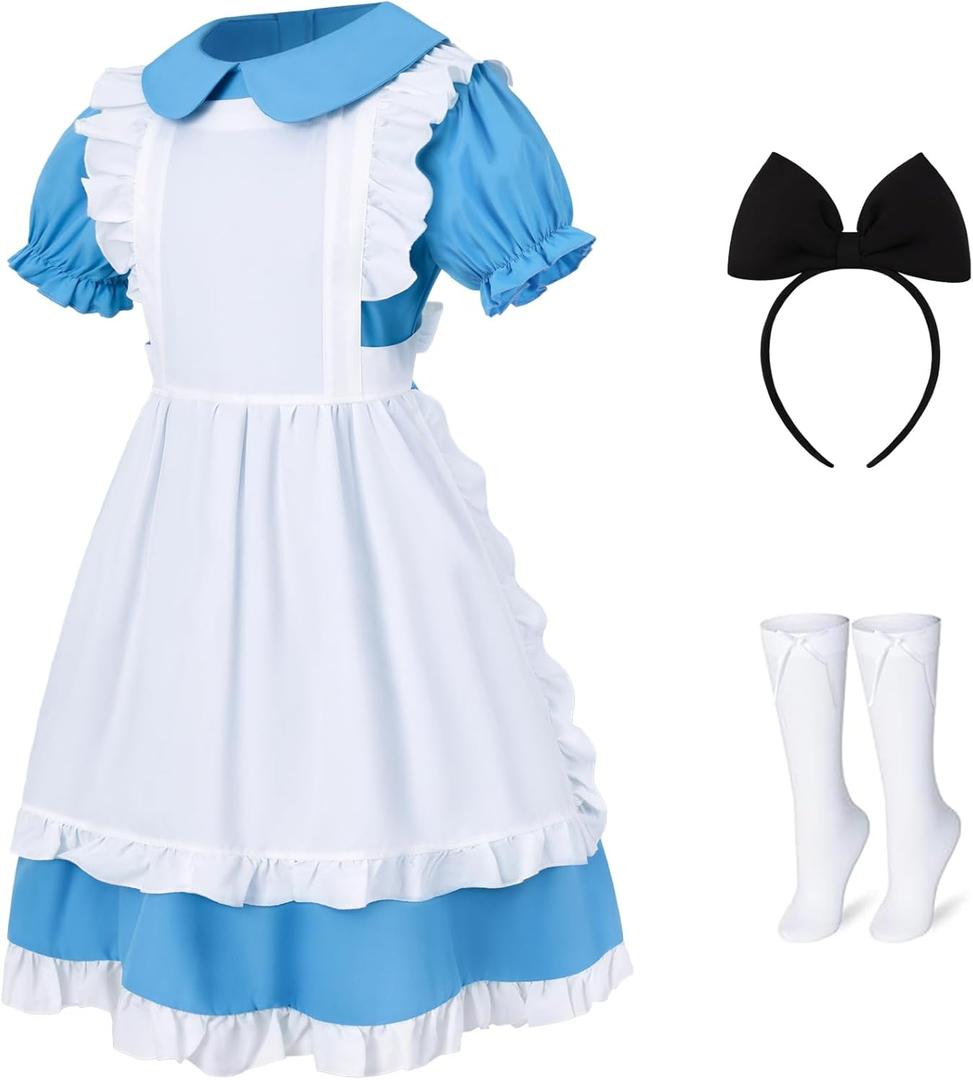 Girls Blue Dress White Apron Halloween Costume Princess Dress Up Costume with Headband and Stocking for 7-14 Years (9-10 Years)