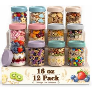 Overnight Oats Containers with Lids, Mason Jars 16 oz, Glass Storage Jars