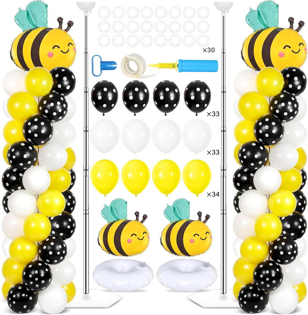 2 Sets Bee Birthday Party Balloon Column Stand Kit With 102 Bumble Bee Foil 5.57Ft Adjustable Balloon Tower Stand With Base Honey Bees Arch Column for Gender Reveal Birthday Baby Shower Party Supplies