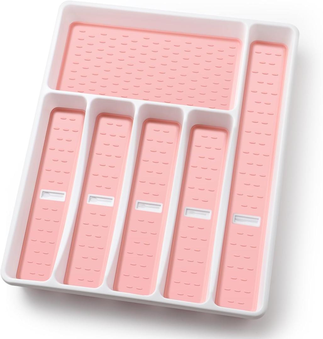 Silverware Organizer with Cutlery IconsPink Kitchen Silverware Tray for DrawerPlastic Flatware Tableware Cultery Drawer Organizer Utensil Organizer with Non-slip TPR Linings6-CompartmentPink
