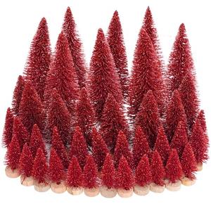 Yookat 40Pcs Mini Christmas Trees Artificial Mini Pine Trees with Wood Base Sisal Trees Bottle Brush Trees Assorted Color for Christmas Decoration Winter Ornaments (Dark Red)
