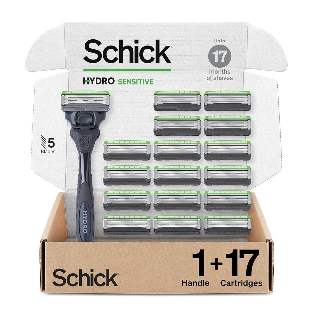 Schick Hydro Sensitive Razors for Men | 5-Blade Mens Razors for Shaving, 1 Mens Razor Handle with 17 Razor Blades Refills (Razor Handle + 17 Refills)