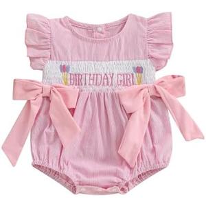 Xiaodriceee Newborn Baby Girl Half First Birthday Outfit Smocked Bubble Romper Fly Sleeve Bodysuit Cake Smash Outfit (12-18M)