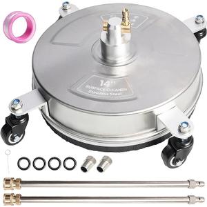 Hourleey 14" Pressure Washer Surface Cleaner, Stainless Steel Surface Cleaner with 4 Wheels for Concrete, Patio, Sidewalk, Deck, Pathway 1/4" Quick Connector, 2 Extension Wand, 4000 PSI