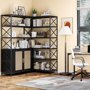 6 Tier Corner Bookshelf, Large Farmhouse Bookcase for Corner, Vintage Etagere L Shaped Book Shelf with Sturdy Metal Frame and 2 Rattan Doors Cabinet for Home Office, Black