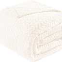 Exclusivo Mezcla Fleece Blanket Queen Size for Bed, Soft Fuzzy Plush Warm Lightweight Jacquard Flannel Blankets for Women, 90x90 Inches, Off White