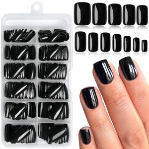 LoveOurHome 240pc Black Press on Nails Short Fake Nails Square Glue on Nail Short Acrylic Nails Press ons Nail Tips Full Cover False Nail Women Gilrs Square Artificial Fingernail with Adhesive Tab
