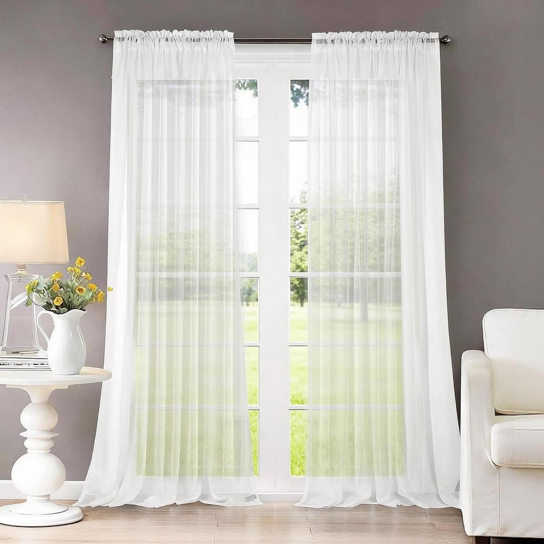 Dreaming Casa Solid Sheer Curtains Draperies White Rod Pocket 2 Panels 52" W x 108" L