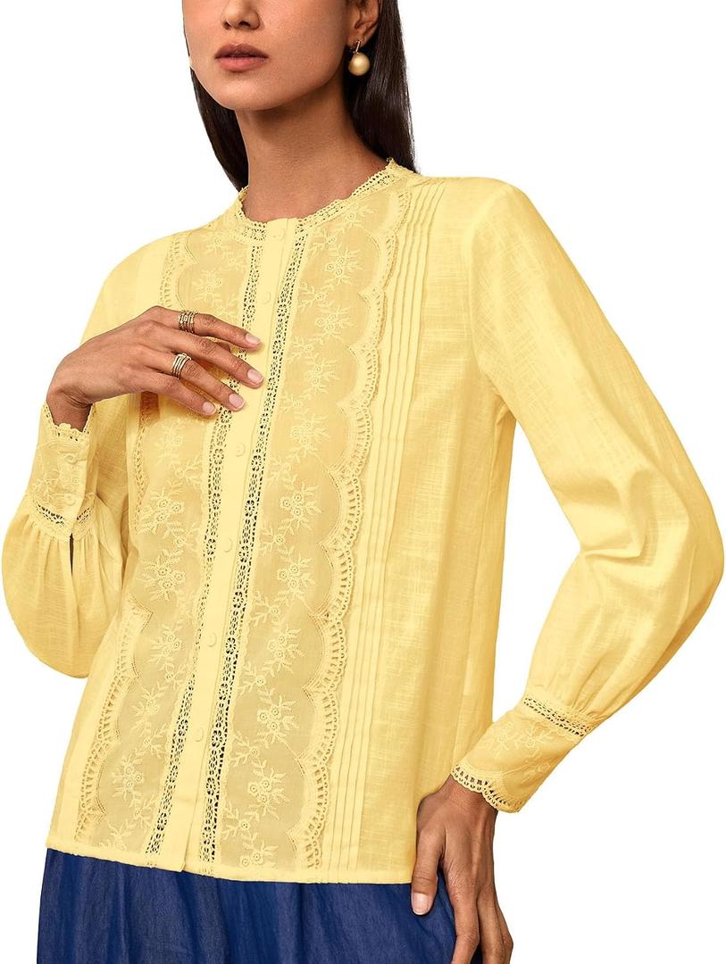 Womens Dressy Casual Lace Blouse Cotton Long Sleeve Button Up Shirts Tops25H003  (Yellow, XS)