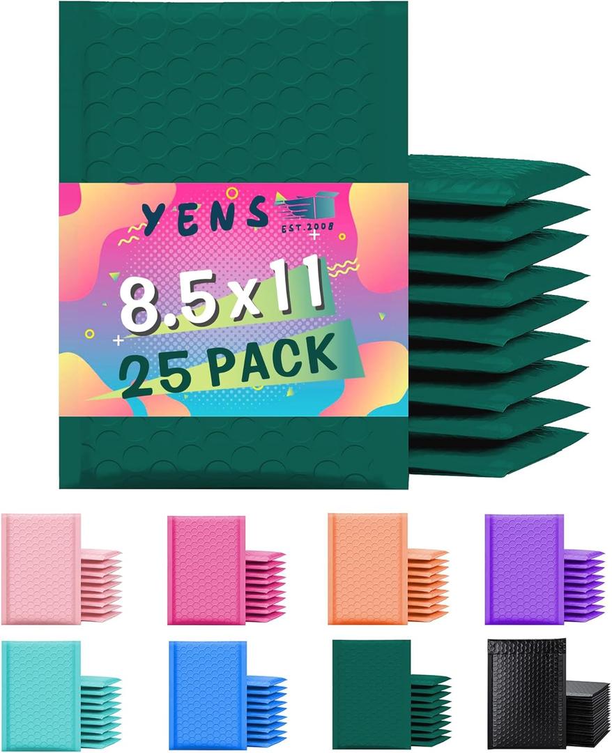 Yens Poly Bubble Mailers 8.5x12 25 Pack Green Waterproof Self Seal Adhesive Shipping Bags, Cushioning Padded Envelopes for Shipping, Mailing, Packaging Usable 8.5x11