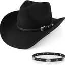 100% Wool Western Cowboy Hat Classic Black Cowboy Hat for Women Men Cowgirl Hat Fedora Hat Felt with Two Decorative Bands (Large-X-Large)