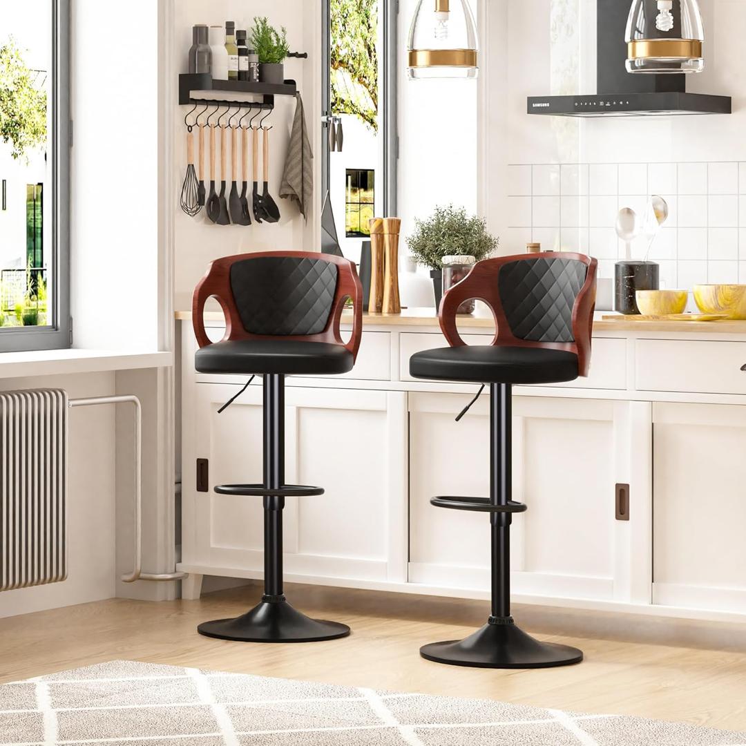 VECELO Bar Stools Set of 2, Adjustable Counter Height Stools with Bentwood Back, Armrest&Footrest, Swivel PU Leather Bar Chairs for Kitchen Island, Coffee Shop and Salon, Black, Quilted Elegance