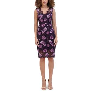 Kensie Women's Sleeveless V-Neck Embroidered Mesh Sheath Dress (Purple, 12)