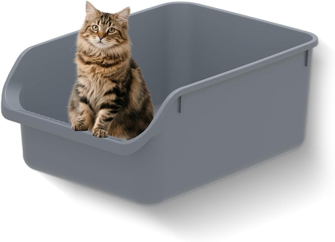 Large Cat Litter Box with High Sides,Durable Open Top Cat Litter Pan for Kitty,Plastic Indoor Big Cat Box with High Wall,Senior Cat Toilet with Low Entry,Easy to Clean,Anti-Splashing(Grey)