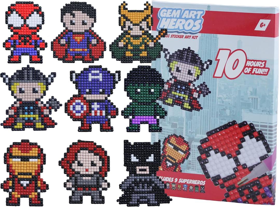 Kids Crafts Gem Art Hero Sticker Kit - Diamond Painting by Numbers with Rhinestones Fun & Easy - Includes 9 Super Hero Stickers - Educational Craft Activity for Children Ages 5+ - Over 9 Hours of Fun