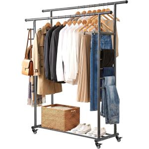 Heavy Duty Metal Clothes Rack, Easy Assembly Hanging Rack with Rolling Wheels, Portable Garment Rack for Bedroom, Laundry Room, Living Room (Black (Double Rod), 43.3" W x 19.7" D x 65" H)
