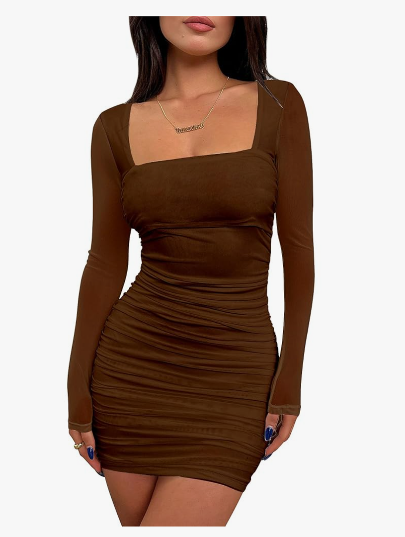 BORIFLORS Women's Sexy Ruched Bodycon Mini Dress Mesh Long Sleeve Club Party Short Dresses, S