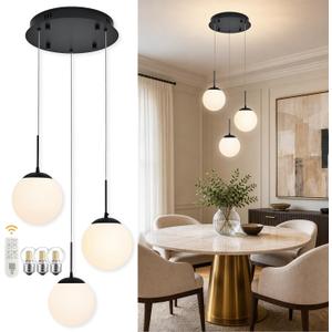 KoKo&Yukina 3 Light Globe Glass Pendant Light Modern Black Globe Chandelier Adjustable Length Pendant Light Fixtures Milky White Glass Ceiling Light for Foyer Hallway, Globe, 3-Light, D11.8"