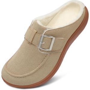 JOINFREE Womens Fuzzy Slippers Cozy Wide Mules Adjustable Diabetic Slippers Warm Memory Foam House Clogs Slipper Indoor Outdoor Potato Shoes for Edema Swollen Feet (Taupei, 8 Wide)