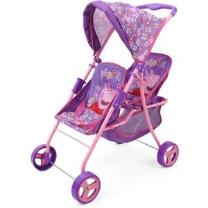 Peppa Pig: Doll Twin Stroller - Purple, Pink, Flowers - Seats 2 Dolls Up to 18", Foldable Design, Retractable Canopy, Adjustable Seats, Kid Toy Age 3+