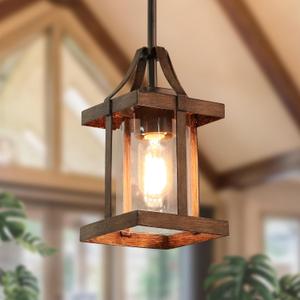LOG BARN Pendant Lights Kitchen Island, Farmhouse Kitchen Pendant Lighting Over Island with Clear Glass, Rustic Faux Wood Pendant Light Fixtures, 5.5'' x 10.3''