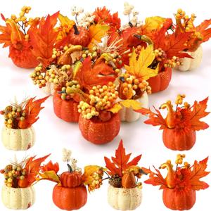 Crowye 30 Pack Fall Centerpieces Artificial Pumpkin Flowers Fall Decorations for Home Topped Artificial Sunflowers Berry and Maple Fall Leaves Pine Cones Fake Pumpkins for Halloween Thanksgiving