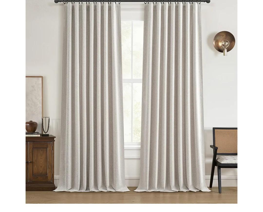 Black Out 96 Inch Long Boho Curtains 2 Panel Set, Farmhouse Curtains for Living Room Darkening/Thermal/Noise Reduction Textured Flax Linen Drape 8ft Hook&Ring Included Birch Off White 50"x96"
