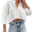 Tankaneo Womens Button Down Cropped Shirts Long Sleeve Casual Crop Tops Solid Lapel Blouse Shirt with Chest Pocket, Medium