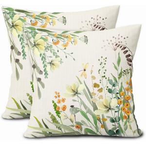 Spring Summer Pillow Covers 16X16 Inch Set of 2 Yellow Flowers Leaves Butterfly Decorative Pillow Cases Green Leaf Floral Cotton Linen Cushion Case Farmhouse Home Decor For Sofa Couch Porch Outdoor