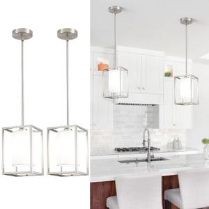 Brushed Nickel Pendant Lights Kitchen Island 2 Pack, Modern Small Lantern Kitchen Pendant Lighting Over Island, Farmhouse Kitchen Island Lights Ceiling Hanging, Industrial Cage Pendant Light Fixtures