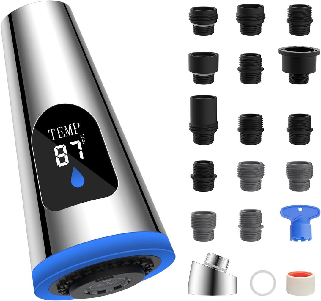 Hibbent Pull Down Kitchen Faucet Head Replacement, 4 Function LED Temperature Display Sink Spray Nozzle with 15 Adapters, Compatible with Moen, American Standard, Delta, Kohler Faucets, Chrome Hibbent Pull Down Kitchen Faucet Head Replacement, 4 Function LED Temperature Display Sink Spray Nozzle with 15 Adapters, Compatible with Moen, American Standard, Delta, Kohler Faucets, Chrome