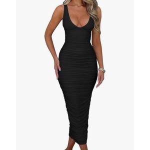 BEAGIMEG Women's Sexy Ruched Sleeveless Deep V Elegant Cocktail Evening Party Maxi Dress, Medium, Black 