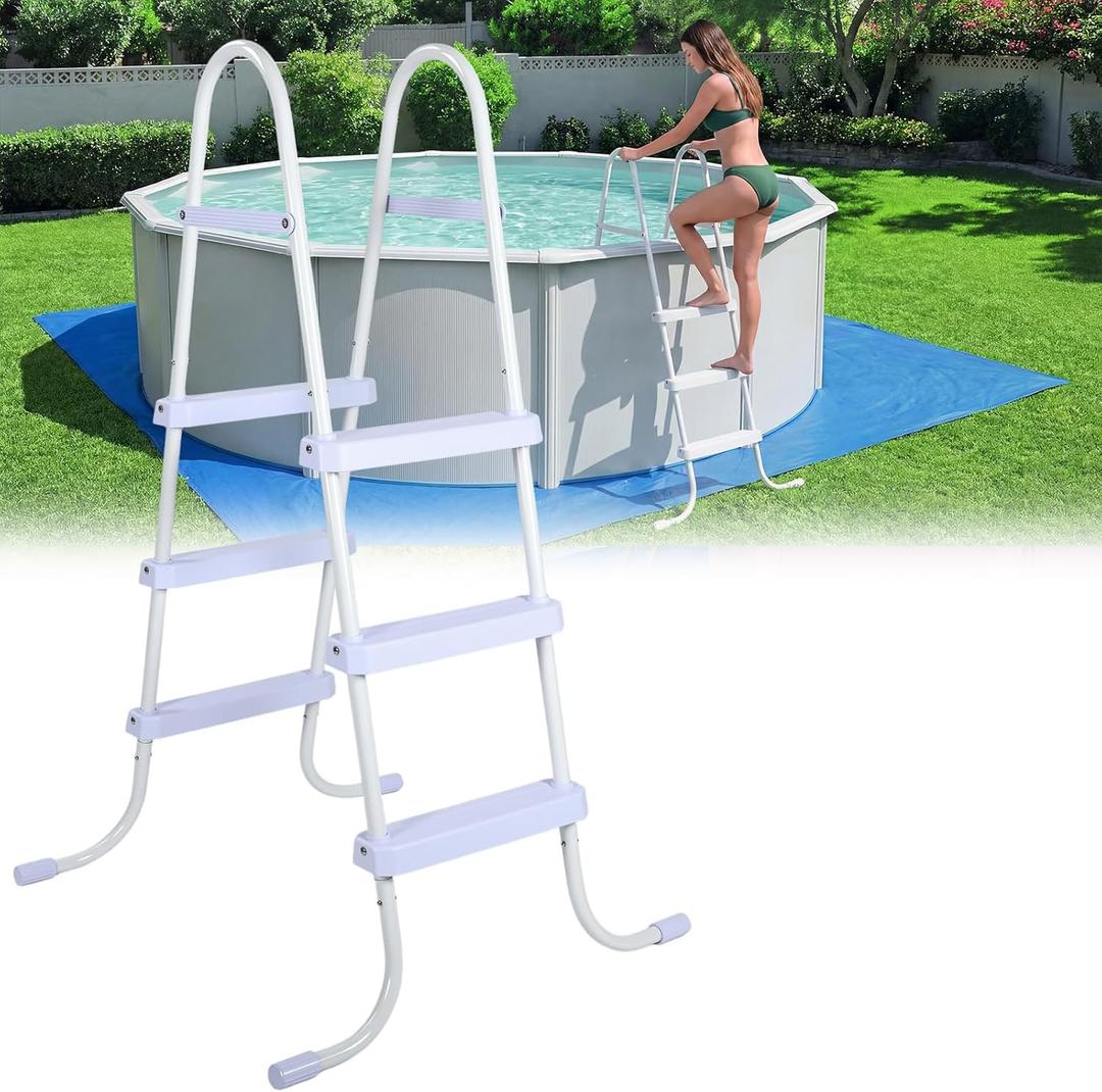 Threlaco 42 Inch Above Ground Pool Ladder 3 Step Steel Frame Swimming Pool Entry Exit Ladder Non Slip Metal Frame Steps, Weight Capacity 300lbs(White)