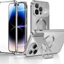 Case for iPhone 14 Pro Max with Camera Invisible Stand [Compatible with MagSafe] 360 Degree Protection Magnetic Absorption Metal Bumper Front Glass and Back PC Cover (Silver)