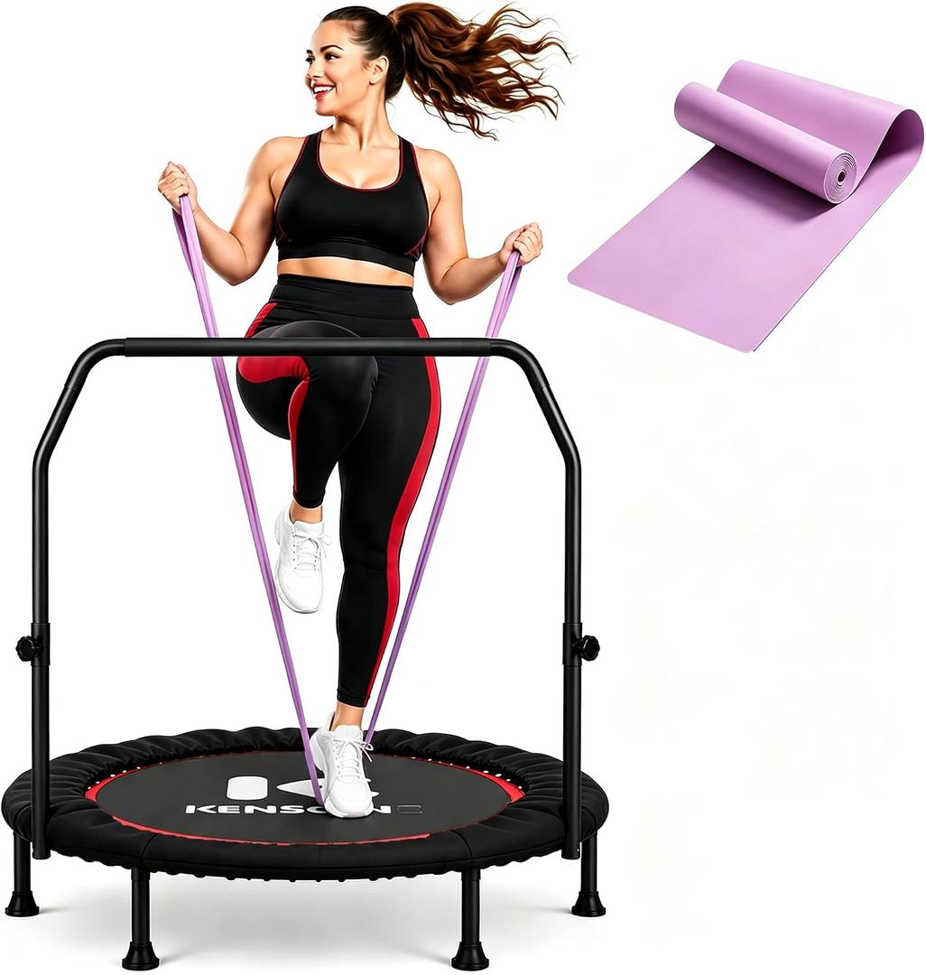 K KENSONE 40" Mini Flodable Spring Rebounder Trampoline for Adults, Small Exercise Trampoline for Indoor Workout and Fitness, Purple Resistance Band Included, Max Load 330 LBS
