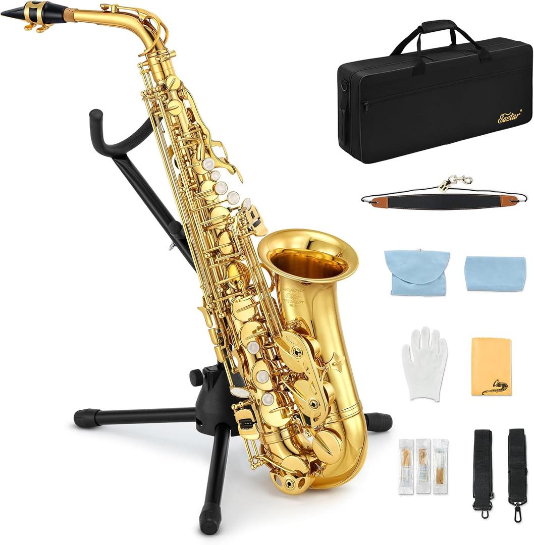 Eastar AS- Student Alto Saxophone E Flat Gold Lacquer Alto Beginner Sax Full Kit With Carrying Sax Case Mouthpiece Straps Reeds Stand (Golden)