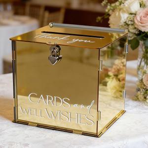 Acrylic Gold Card Box with Lock & Slot, Metallic Golden Classy Wedding Card Boxes for Reception, Luxury Money Gift Cards Box for Party Engagement Bridal Shower Luxury Wedding Table Decor