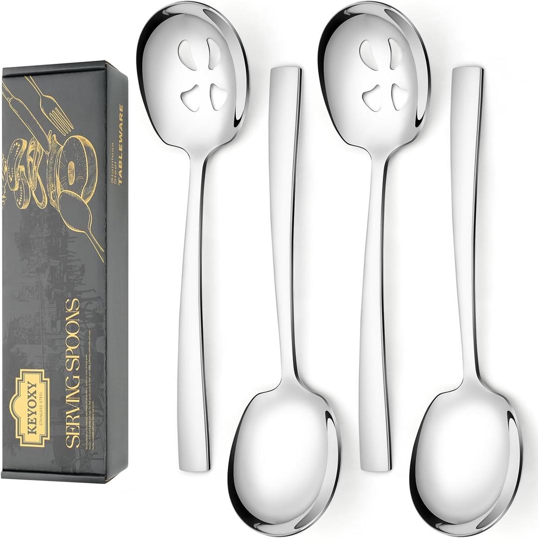 4 Piece Stainless Steel Serving Spoons Set - 2 Large, 2 Slotted, 9.2-Inch, Dishwasher Safe, for Parties/Kitchen/Buffet/Catering (Silver)