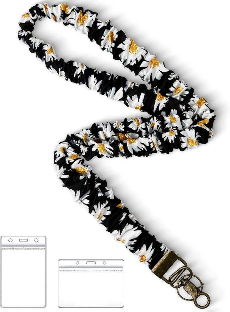 2 x Stretchy Scrunchie Lanyard for ID Badges Keys, Cute Teacher Lanyard for Women with 2 Card Holders 19.6 Inch (Black and White Flowers)