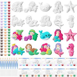 20 Set Dinosaur Unicorn Mermaid Donut Jungle Animal DIY Painting Kit Pumpkin Snowman Ceramic Paint Your Own Figurines Unpainted Plaster Craft for Party Favor(Mermaid)