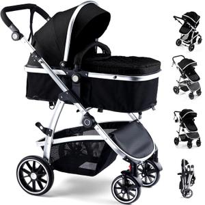 Baby Stroller, 2-in-1 Reversible Toddler Seat with Bassinet Mode, Foldable Infant Stroller with Canopy, One Button Brake, Adjustable Handle, Newborn Pushchair(Black)