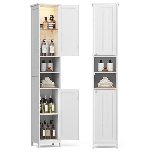 VASAGLE Tall Storage Cabinet with Lights, Slim Freestanding Cabinet with Adjustable Shelves, for Small Spaces, Bathroom, Living Room, Modern, 11.8 Inches Wide, Cloud White UBBC566W02