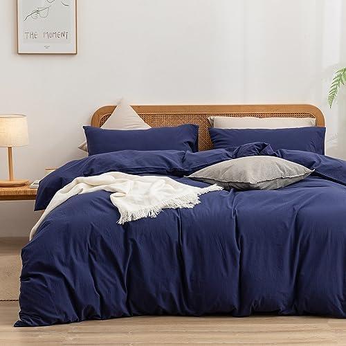BESTOUCH Duvet Cover Set 100% Washed Cotton Linen Feel Super Soft Comfortable Chic Lightweight 3 PCs Home Bedding Set Solid Navy Blue Queen