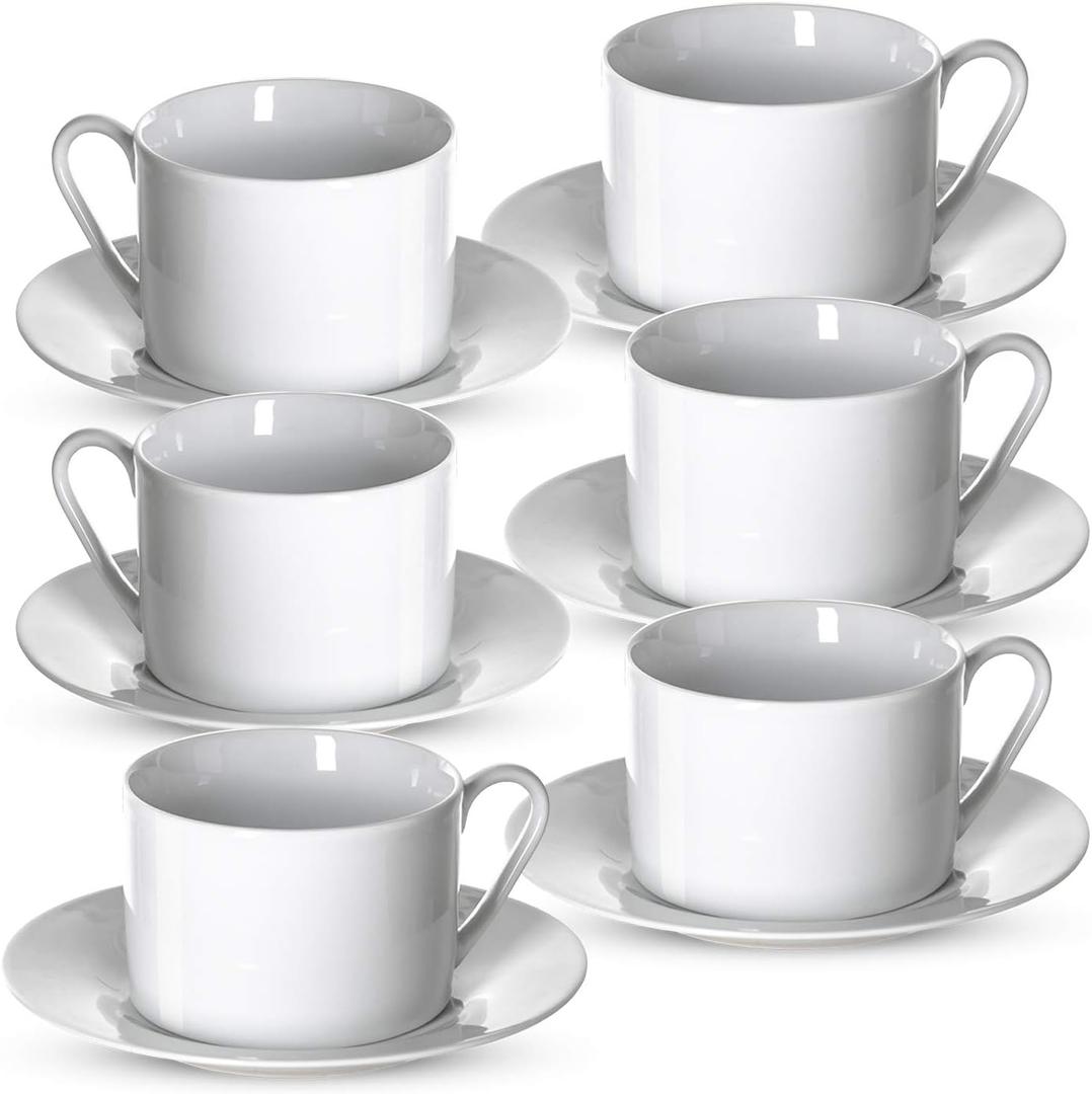 Klikel Tea Cups And Saucers Set - 2 Piece White Coffee Mug Set - 6 Inch Plates And 8.5oz Mugs - Cappuccino Cup And Saucer Set For Latte Cafe Mocha Espresso Bar