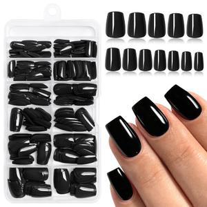 240pc Black Coffin Press on Nails Short Fake Nails Press ons for Women Acrylic Nail Presson Nail&Glue Tabs, Short Black Fingernails Coffin False Fingernail Tip Stick on Artificial Fingernail