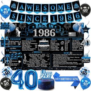 Trgowaul 40th Birthday Decorations for Men, 20PCS Black Blue Back in 1986 Birthday Party Supplies, Blue Vintage Banner, Sash, 40th Cake Topper, Latex Balloon, 40 Year Old Set