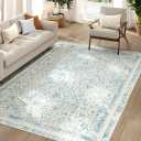 jinchan Washable Area Rug 6x9 - Low Pile Bedroom Rug Indoor Blue Floral Print Faux Wool Soft Stain Resistant Distressed Vintage Ultra-Thin Non-Slip Boho Carpet for Living Room Dining Room Kitchen