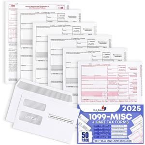 1099 MISC Forms 2025 with Envelopes, 4 Part Laser Tax Forms, 50 Vendors Kit with 50 Self-Seal Envelopes  Compatible for QuickBooks and Accounting Software, with 3 1096 Included, 50 Pack MISC 2025