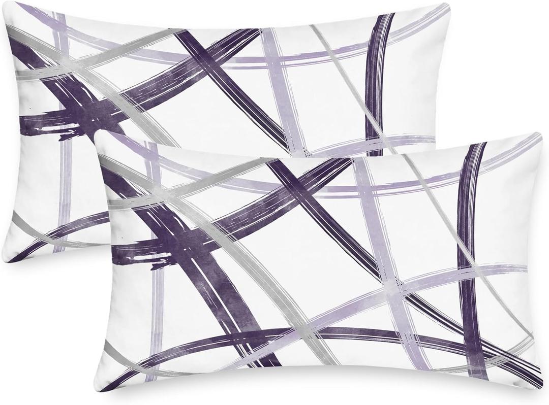 CaliTime Throw Pillow Cases Pack of 2 Cozy Fleece Arc-Shaped Abstract Geometric Lines Decorative Cushion Covers for Couch Bed Sofa Farmhouse Decoration 12 X 20 Inches Deep Purple Grey