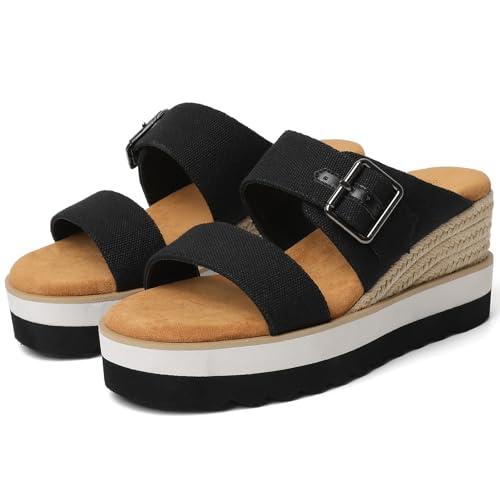 GOUPSKY Black Platform Sandals Raffia Wedge Mules for Women Round Open Toe Slip On Sandals Espadrilles Womens Slides Shoes for Vacation Summer Beach Casual Size 8, 5